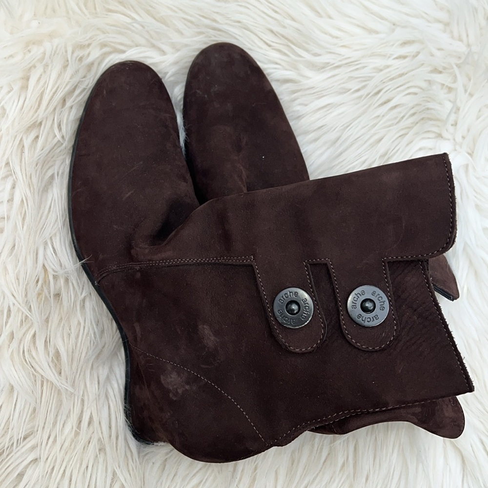Arche Ankle Boots Brown Nubuck Leather Zip Up Wedge Bootie Womens 8